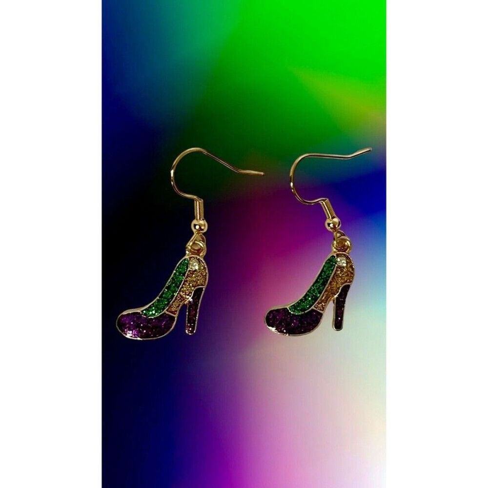 Mardi Gras Crown Glitter Dangle Earrings. 1 Pair